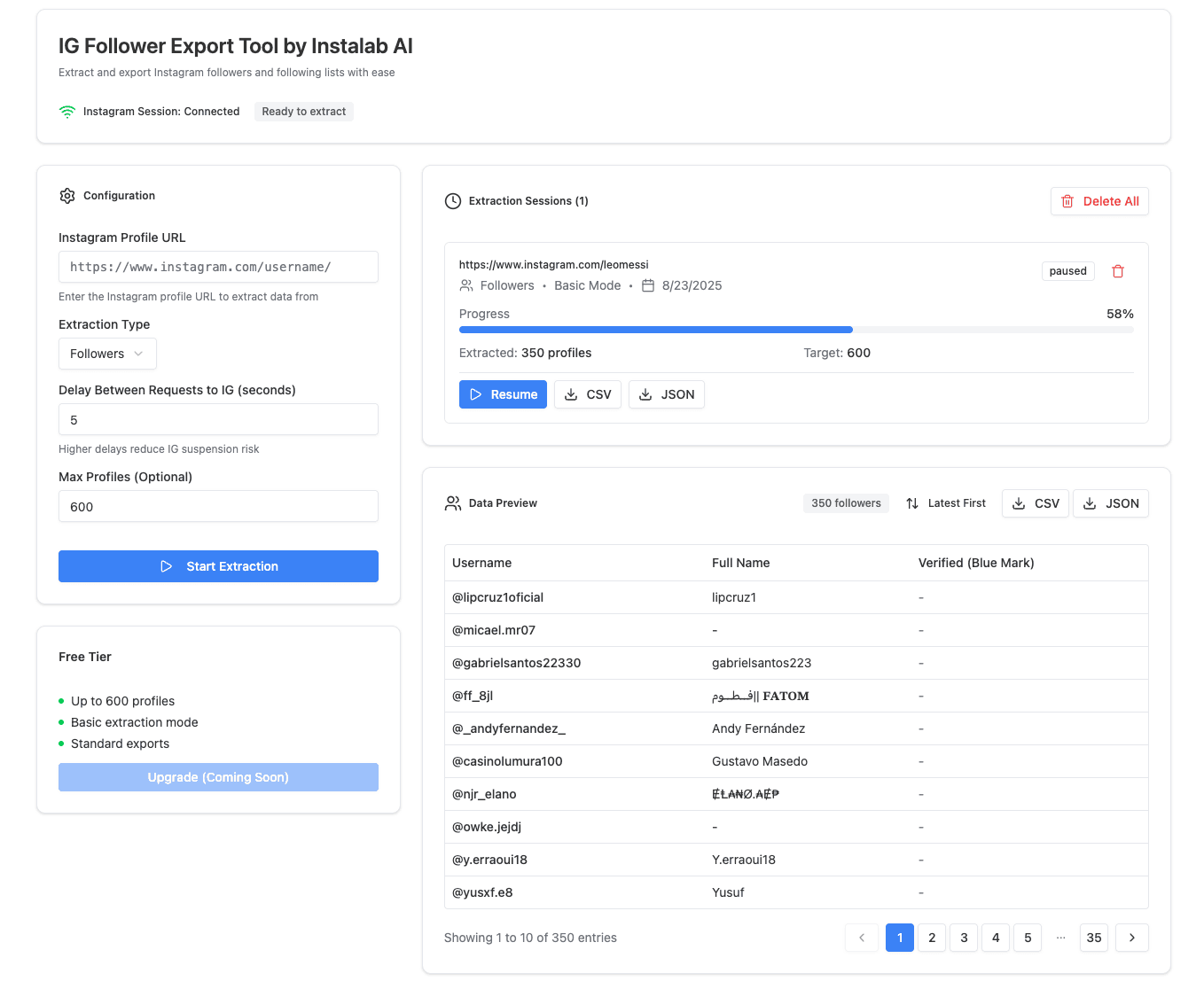 Instagram follower export tool dashboard showing follower analytics and export tools